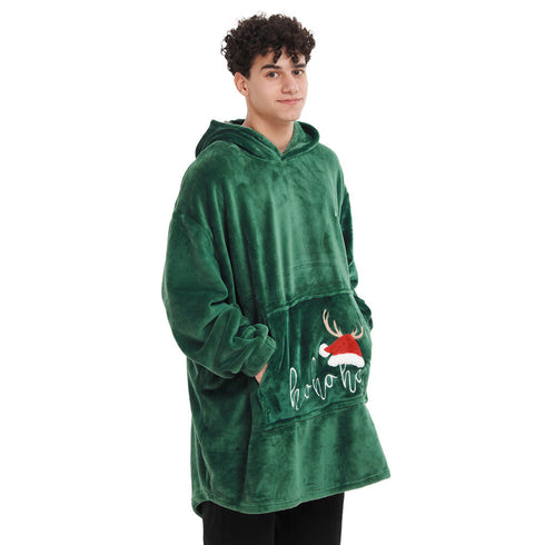 Snuggs Blanket Hoodie "Dark Green Christmas Ho Ho Ho Pocket"